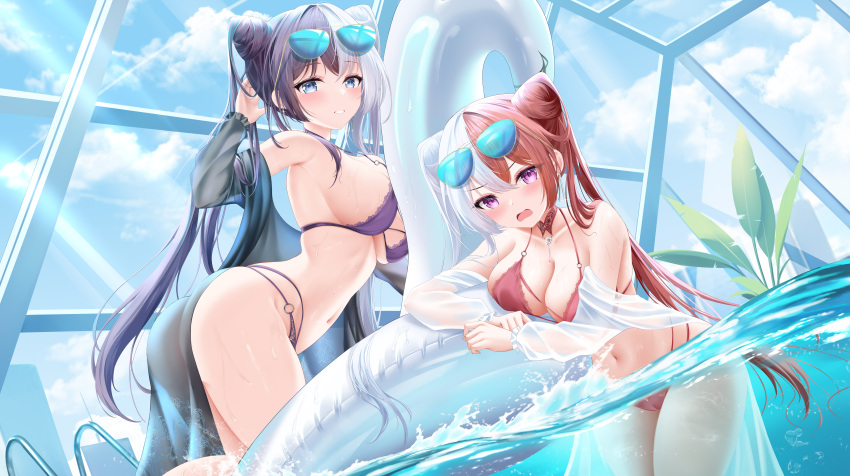 2girls absurdres azur_lane bikini blush breasts chao_ho_(azur_lane) commentary_request cone_hair_bun double_bun eyewear_on_head hair_bun highres indoors inflatable_raft lace lace-trimmed_bikini lace_trim long_hair looking_at_viewer multicolored_hair multiple_girls navel o-ring o-ring_bottom open_mouth partially_submerged partially_underwater_shot pool proverbs_zhenyan purple_bikini purple_hair red_bikini red_hair sideboob split-color_hair sunglasses swimsuit underwater very_long_hair water white_hair ying_swei_(azur_lane) ying_swei_(blue_waves_limpid_summer)_(azur_lane)