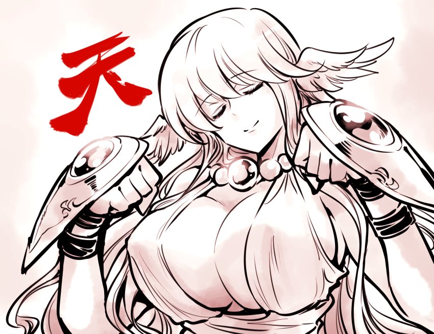 1girl ancient_greek_clothes beads breasts buckler cleavage closed_eyes commentary g-sky_goddess_(ishiyumi) greco-roman_clothes hades_project_zeorymer head_wings heaven_(kanji) highres kato_takuji large_breasts long_hair monochrome new_year original peplos prayer_beads sepia shield solo spot_color wings