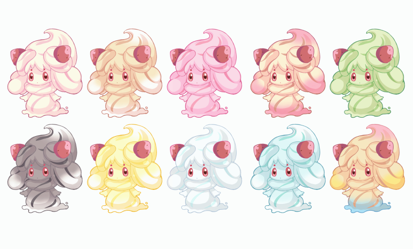 alcremie alcremie_(caramel_swirl) alcremie_(lemon_cream) alcremie_(matcha_cream) alcremie_(mint_cream) alcremie_(rainbow_swirl) alcremie_(ruby_cream) alcremie_(ruby_swirl) alcremie_(salted_cream) alcremie_(strawberry_sweet) alcremie_(vanilla_cream) alternate_color closed_mouth food fruit gen_8_pokemon heart heart-shaped_pupils highres looking_at_viewer nintendo no_humans pikomarie pokemon pokemon_(creature) red_eyes shiny_and_normal shiny_pokemon simple_background strawberry symbol-shaped_pupils white_background