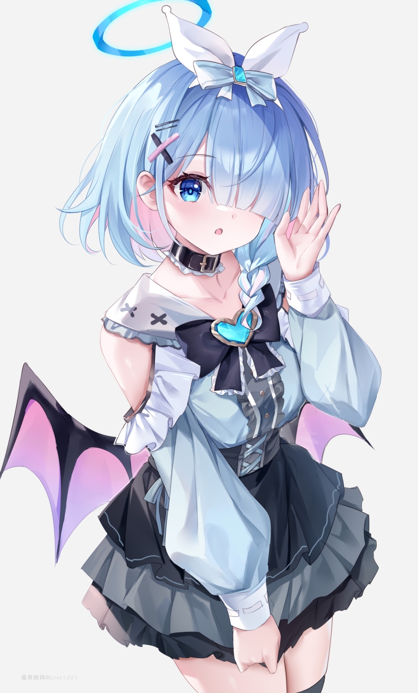 1girl absurdres alternate_costume arona_(blue_archive) belt_collar black_bow black_skirt black_thighhighs blue_archive blue_eyes blue_gemstone blue_hair blue_shirt bow braid center_frills clothing_cutout collar frills gem grey_background guzangnanfeng hair_over_one_eye halo hand_up highres layered_skirt long_sleeves looking_at_viewer parted_lips shirt short_hair shoulder_cutout simple_background skirt solo standing thighhighs wings