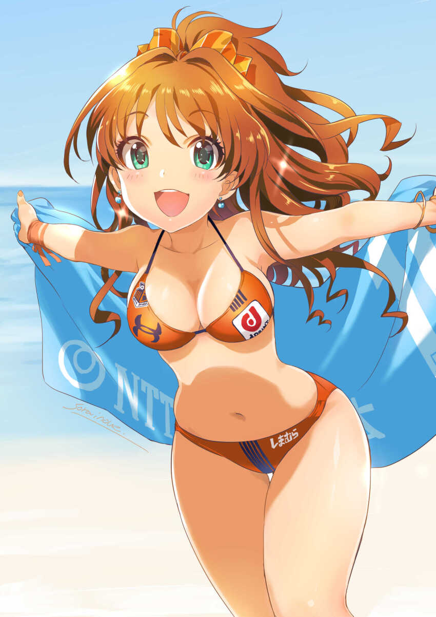 1girl :3 :d aqua_eyes artist_name bangle bikini blue_sky blush bow bracelet breasts brown_hair cleavage commentary_request earrings fingernails hair_bow half_updo highres hino_akane_(idolmaster) horizon idolmaster idolmaster_cinderella_girls inoue_sora j._league jewelry long_hair looking_at_viewer medium_breasts navel omiya_ardija open_mouth orange_bikini outdoors revision ribbon sky smile solo sparkle sports_bikini swimsuit thigh_gap towel water wrist_ribbon