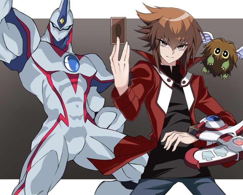 1other 2boys black_shirt blue_eyes blue_pants brown_hair card duel_academy_uniform_(yu-gi-oh!_gx) duel_disk duel_monster elemental_hero_neos hair_between_eyes high_collar highres jacket looking_at_viewer mixed-language_commentary multicolored_hair multiple_boys no_mouth pants red_jacket shirt torakami14 two-tone_hair winged_kuriboh wings yu-gi-oh! yu-gi-oh!_gx yuki_judai