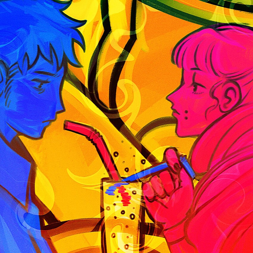 1boy 1girl closed_mouth color_coordination commentary_request cup drinking_straw face_piercing fear_&amp;_hunger fear_&amp;_hunger_(series) fear_&amp;_hunger_2:_termina fingernails highres holding holding_drinking_straw jumpsuit levi_(fear_&amp;_hunger) long_hair looking_at_another marina_(fear_&amp;_hunger) mouth_piercing multiple_monochrome piercing shared_drink short_hair upper_body valentinemesis yellow_background