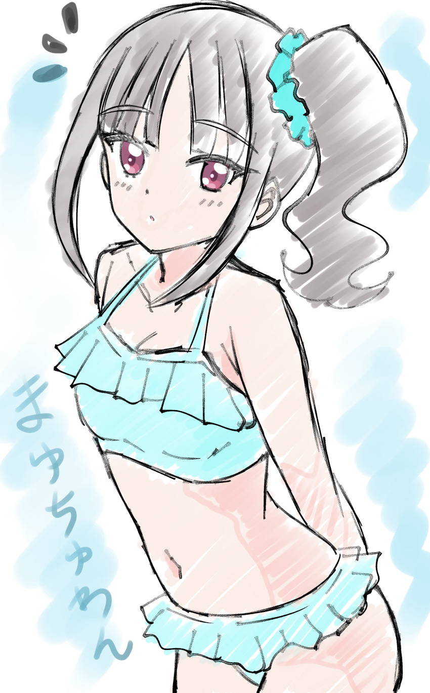 1girl absurdres aqua_bikini arms_behind_back bare_arms bikini blue_scrunchie blunt_bangs blush breasts cleavage collarbone grey_hair hair_ornament hair_scrunchie highres hiragizaka_aoi leaning_forward long_hair navel nekoyashiki_mayu parted_lips precure red_eyes scrunchie side_ponytail sketch small_breasts solo swimsuit wonderful_precure!