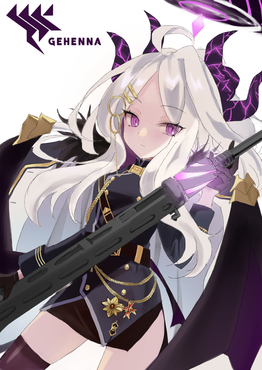 1girl absurdres ahoge belt black_belt black_gloves black_legwear black_skirt black_wings blue_archive buttons closed_mouth coat cowboy_shot demon_horns demon_wings double-breasted dutch_angle extended_barrel fur-trimmed_coat fur_trim gloves gun halo highres hina_(blue_archive) holding holding_gun holding_weapon horns oversized_wings long_coat long_hair long_sleeves looking_to_the_side machine_gun mg42 military military_uniform multiple_horns parted_bangs purple_coat purple_eyes purple_horns saibashi_(develop_komono) simple_background sketch skirt solo very_long_hair weapon white_background white_hair wings