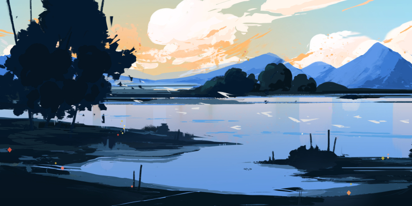 blue_sky cloud commentary day english_commentary gradient_sky grass green_sky highres hill lake landscape mountain mountainous_horizon nature no_humans original outdoors scenery simple_bird sky sunset tree victoria_joh water yellow_clouds yellow_sky