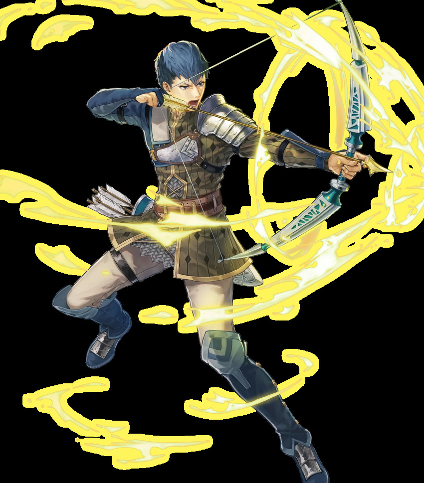 1boy arrow_(projectile) aura belt blue_hair boots bow_(weapon) brown_eyes fingerless_gloves fire_emblem fire_emblem_echoes:_shadows_of_valentia fire_emblem_heroes full_body gloves highres male_focus nintendo official_art open_mouth python_(fire_emblem) quiver solo suda_ayaka teeth transparent_background weapon