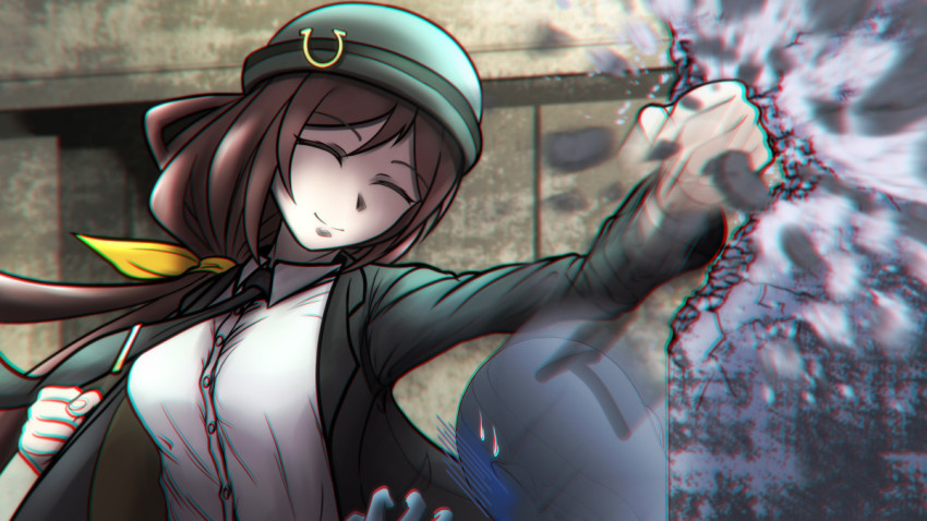 1girl 1other agent_smith agent_smith_(cosplay) black_necktie bow bowler_hat commentary_request cosplay ctn_sasuke dodging dress_shirt faceless false_smile formal_clothes green_suit hat hayakawa_tazuna horseshoe_ornament long_sleeves low_ponytail motion_blur motion_lines necktie partial_commentary pillar ponytail punching scene_reference shaded_face shirt smile speed_lines strong subway suit sweatdrop t-head_trainer_(umamusume) the_matrix trainer_(umamusume) umamusume yellow_bow