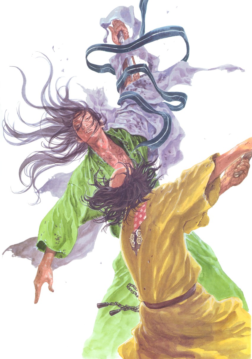 absurdres arm_up backview bald belt black_hair cloth_band duel flying_hair highres holding inoue_takehiko japanese_clothes kimono long_hair male_focus patch sabre sadakore sasaki_kojirou short_hair simple_background sword trailing_cloth vagabond wakizashi weapon