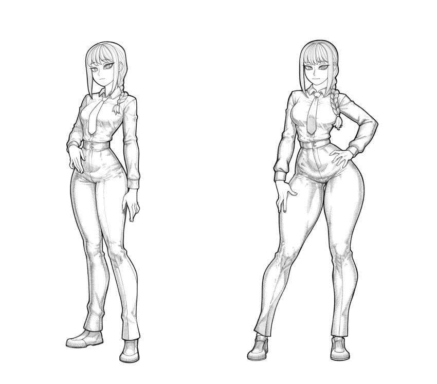 1girl absurdres braid breasts chainsaw_man greyscale high-waist_pants highres large_breasts long_hair long_sleeves looking_at_viewer makima_(chainsaw_man) monochrome pants redteneri ringed_eyes shirt sidelocks simple_background smile thick_thighs thighs white_background white_shirt wide_hips