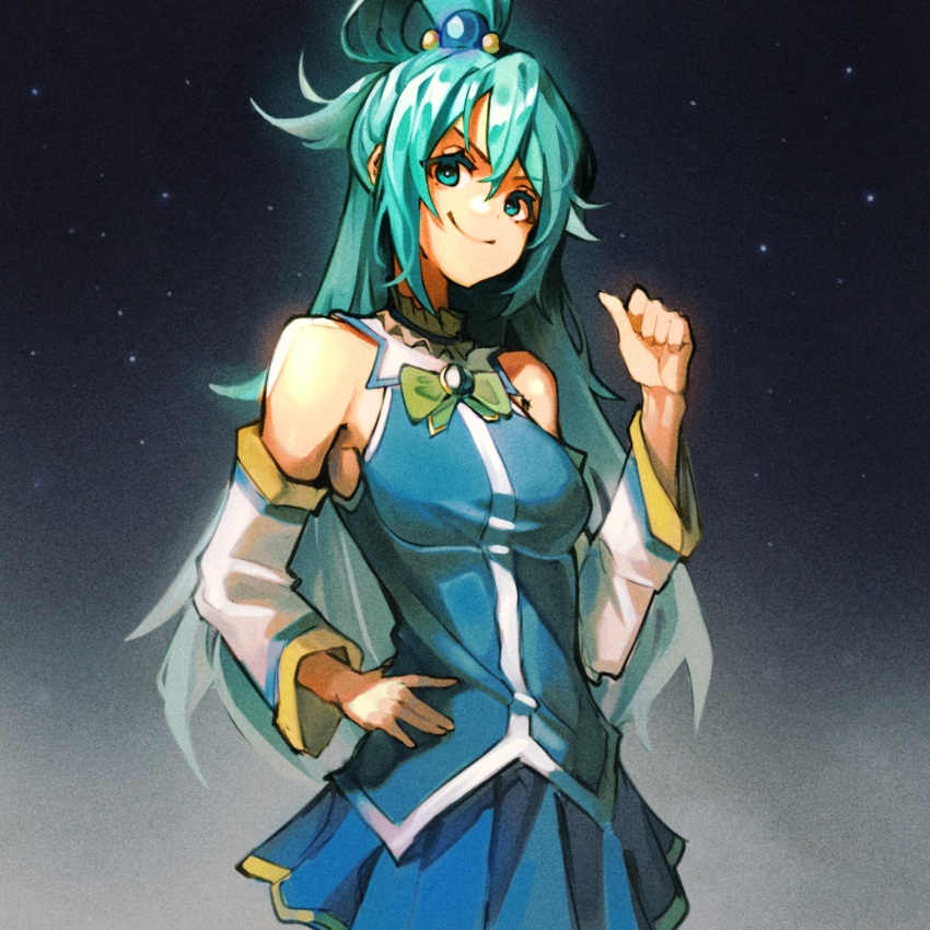1girl aqua_(konosuba) armpit_peek bare_shoulders blue_eyes blue_hair blue_shirt blue_skirt bow bowtie breasts colored_eyelashes detached_sleeves film_grain glowing green_bow green_bowtie hair_between_eyes hair_ornament hair_rings highres ice_calm kono_subarashii_sekai_ni_shukufuku_wo! long_hair looking_at_viewer medium_breasts night night_sky pleated_skirt pointing pointing_at_self pointing_with_thumb shirt single_hair_ring skirt sky sleeveless sleeveless_shirt smug solo star_(sky)