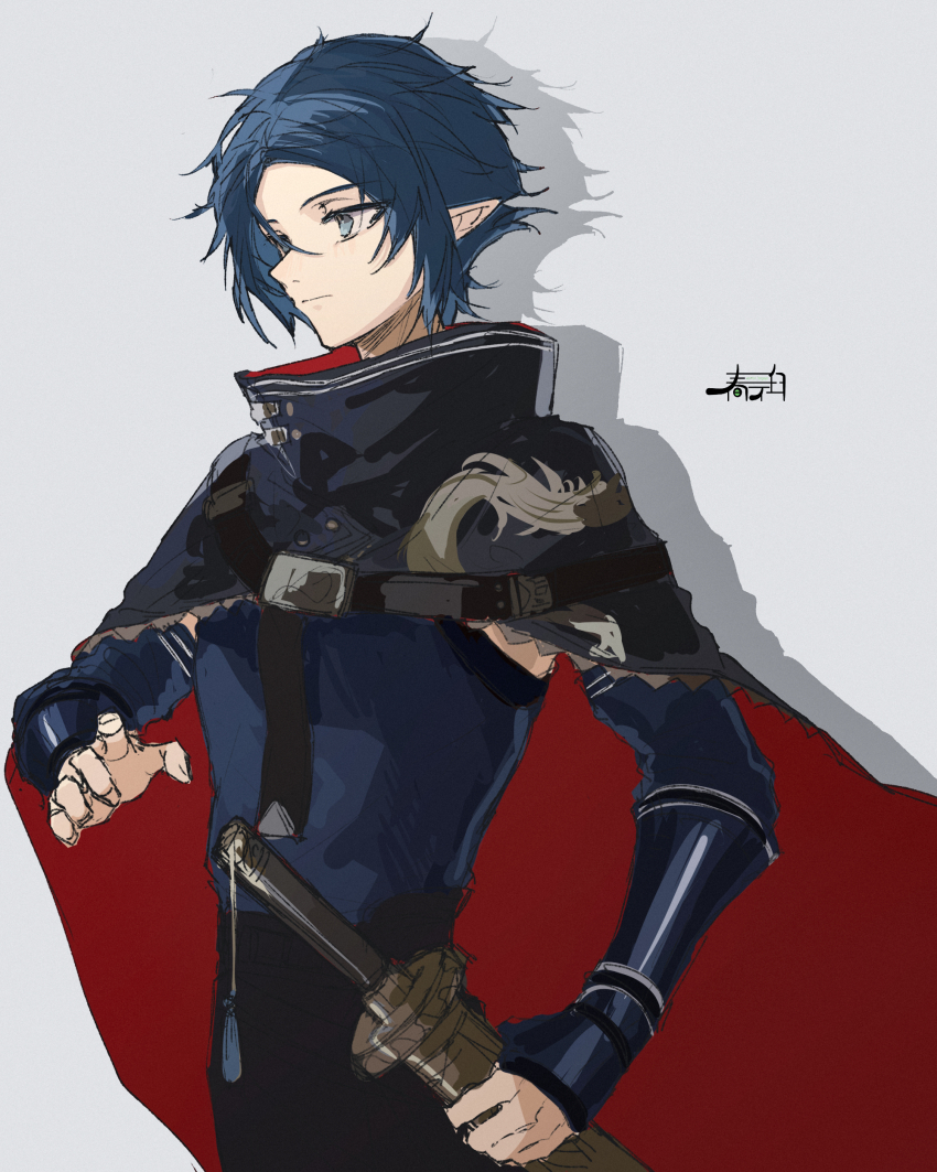 1boy absurdres arknights black_cloak blue_eyes blue_hair blue_shirt cloak closed_mouth drooling grey_background harukan_tiusu highres holding holding_sheath male_focus pointy_ears sheath sheathed shirt simple_background solo upper_body zuo_le_(arknights)