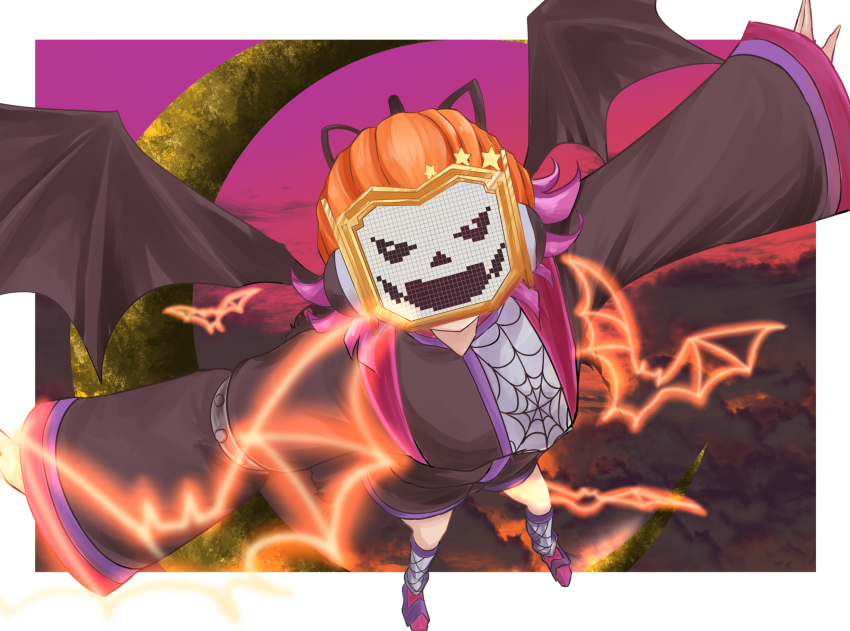 1girl animal_ear_headphones animal_ears artist_name artist_request bands bare_legs bat_wings black_dress blunt_bangs blush breasts cat_ear_headphones cloud dress fake_animal_ears female_focus flying full_body halloween headphones highres leg_warmers long_sleeves looking_at_viewer love_live! love_live!_nijigasaki_high_school_idol_club mask outdoors outstretched_arms parted_lips pink_hair pumpkin purple_sky red_shoes sharp_teeth shoes short_hair sky smile solo spider_web_print spread_arms star_(symbol) star_print teeth tennoji_rina wide_sleeves wings
