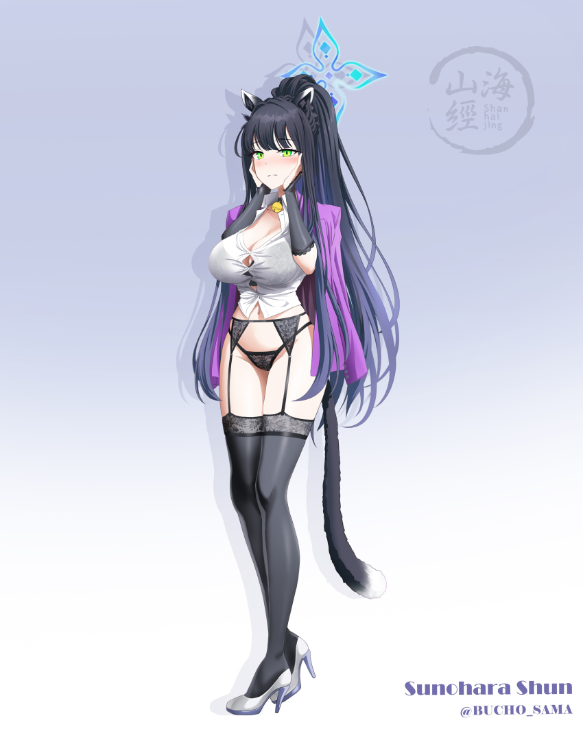 1girl absurdres animal_ears black_bra black_gloves black_panties black_thighhighs blazer blue_archive blush bra breasts bucho_sama cat_ears cat_tail character_name cleavage commentary english_commentary full_body garter_belt garter_straps gloves green_eyes halo hands_on_own_cheeks hands_on_own_face high_heels highres jacket jacket_on_shoulders large_breasts long_hair looking_at_viewer mixed-language_commentary navel panties ponytail see-through_clothes shun_(blue_archive) solo tail thighhighs twitter_username underwear white_footwear
