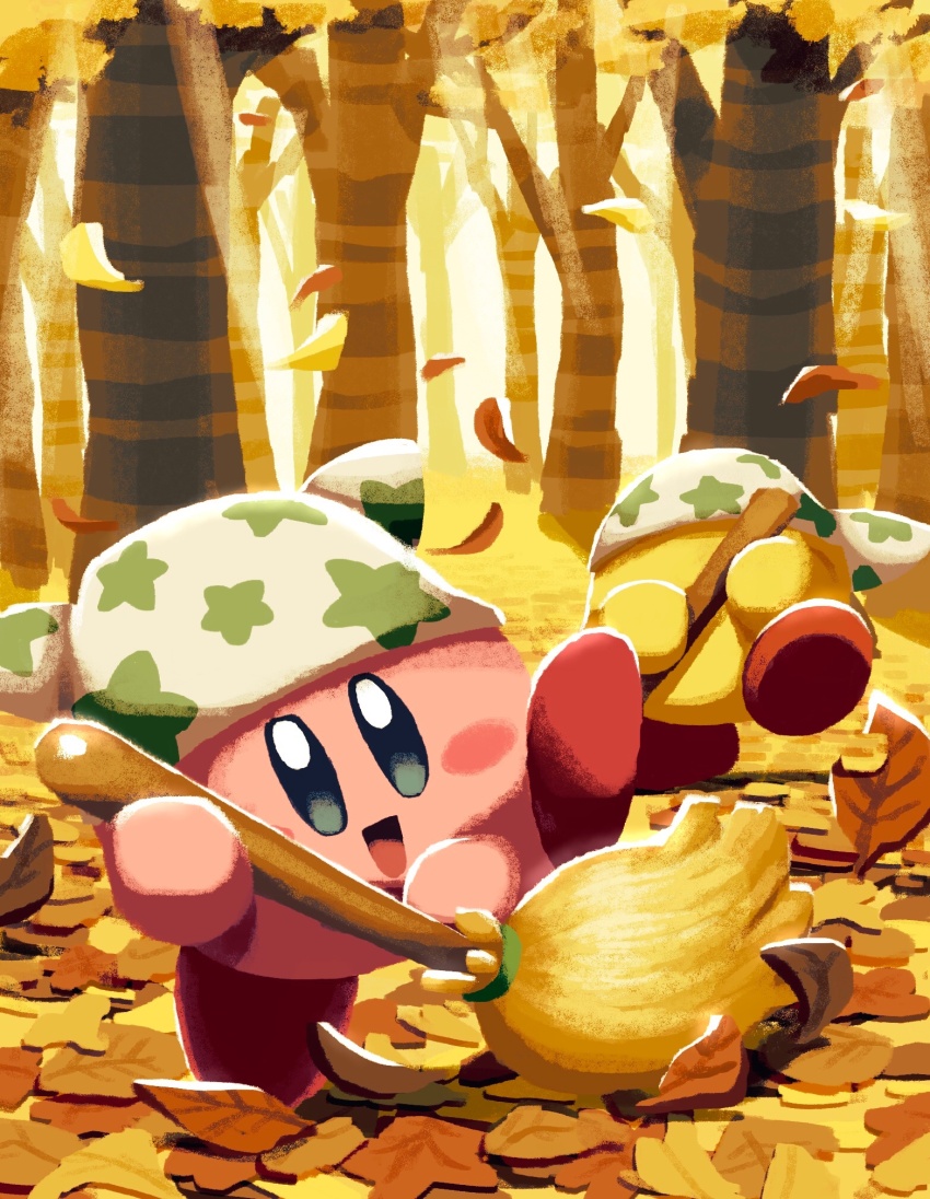 :d aruco_co autumn autumn_leaves blue_eyes blush blush_stickers broom broom_hatter cleaning_kirby commentary copy_ability day falling_leaves forest headscarf highres holding holding_broom kirby kirby_(series) leaf nature nintendo no_humans open_mouth outdoors smile star_(symbol) star_print sweeping symbol-only_commentary tree white_headscarf white_headwear