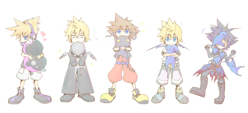 &gt;:) ... 5boys belt black_bodysuit black_boots black_coat black_coat_(kingdom_hearts) black_hair black_jacket black_shoes blonde_hair blue_belt blue_eyes bodysuit boots brown_hair chibi chibi_only clenched_teeth coat commentary_request creature dream_eater_(kingdom_hearts) dusk_(kingdom_hearts) happy headphones heart highres holding holding_creature jacket jitome jumpsuit kikaneenattou kingdom_hearts kingdom_hearts_3d_dream_drop_distance kingdom_hearts_i kingdom_hearts_ii knee_boots long_coat long_sleeves looking_down multicolored_jacket multiple_boys open_mouth parted_lips red_belt red_jumpsuit roxas sakuraba_neku shaded_face shoes short_hair short_jumpsuit shorts simple_background smile sora_(kingdom_hearts) sparkle spiked_hair spoken_heart standing subarashiki_kono_sekai sweatdrop teeth v-shaped_eyebrows vanitas_(kingdom_hearts) ventus_(kingdom_hearts) waist_cape white_belt white_shorts wristband yellow_shoes