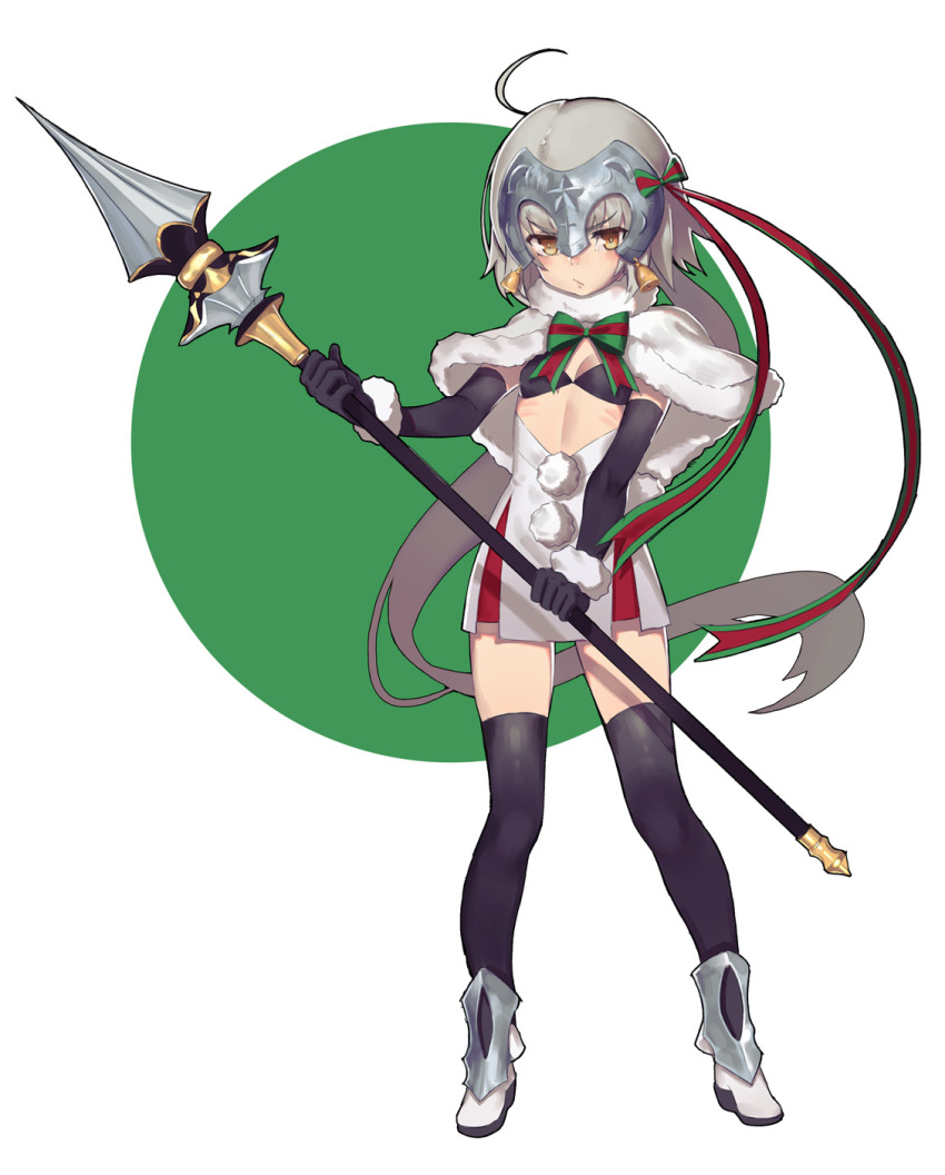 1girl ahoge bell black_gloves black_thighhighs bow bra breasts capelet elbow_gloves fate/grand_order fate_(series) frown full_body fur-trimmed_capelet fur-trimmed_gloves fur_trim glaring gloves green_bow green_ribbon grey_hair headpiece high_heels highres holding holding_weapon jeanne_d&#039;arc_alter_santa_lily_(fate) lance long_hair looking_at_viewer polearm ribbon skirt striped_bow striped_ribbon thighhighs thighs underwear very_long_hair weapon white_background white_capelet white_skirt wtcolor yellow_eyes zettai_ryouiki