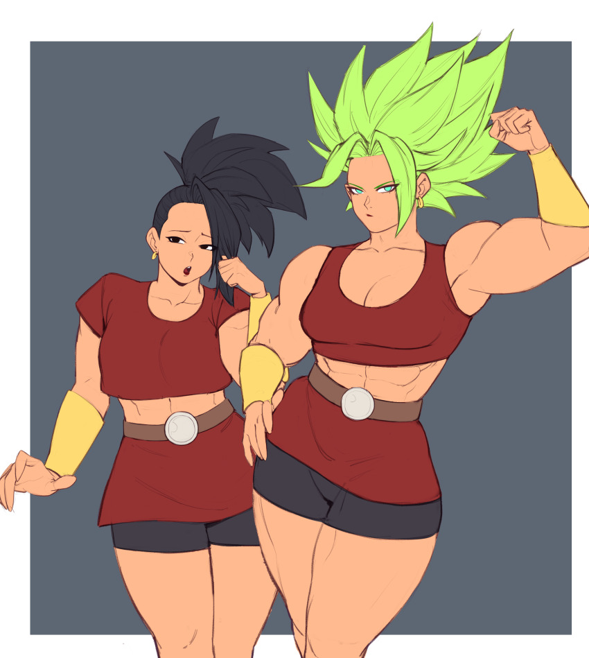 1girl absurdres arm_up armpits blue_eyes bracer breasts cleavage dragon_ball dragon_ball_super drakkaiart earrings female_focus green_hair hand_on_own_hip highres jewelry kale_(dragon_ball) looking_at_viewer medium_breasts medium_hair muscular muscular_female ponytail simple_background solo spiked_hair super_saiyan thick_thighs thighs
