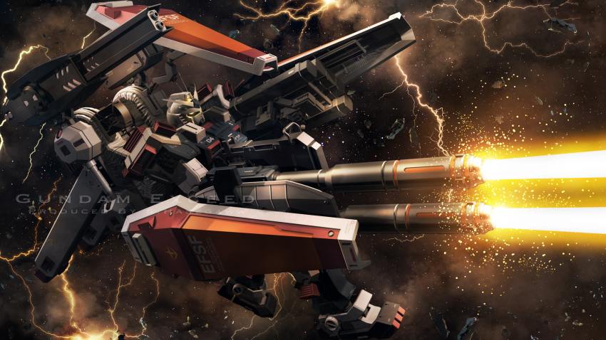 3d beam english_text firing full_armor_gundam gundam gundam_thunderbolt highres mecha mecha_focus no_humans robot s.hasegawa shield space thunder v-fin