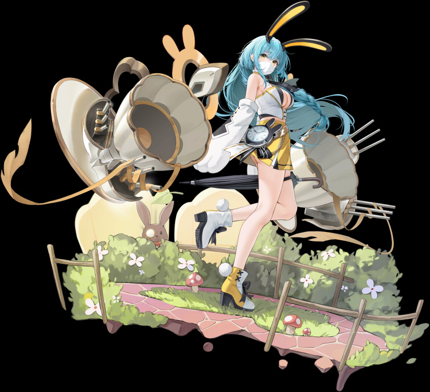 1girl absurdres alice&#039;s_adventures_in_wonderland animal_ears aqua_hair artistic_error azur_lane black_bow black_umbrella blue_hair boise_(azur_lane) boise_(muse)_(azur_lane) boots bow braid breasts byulzzi character_name cleavage clock cosplay detached_sleeves fake_animal_ears high_heels highres holding holding_umbrella large_breasts long_hair mask mouth_mask non-web_source official_art rabbit_ears ribbon rigging shirt single_braid skirt solo transparent_background umbrella very_long_hair white_rabbit_(alice_in_wonderland) white_rabbit_(alice_in_wonderland)_(cosplay) white_ribbon white_shirt yellow_boots yellow_eyes yellow_skirt