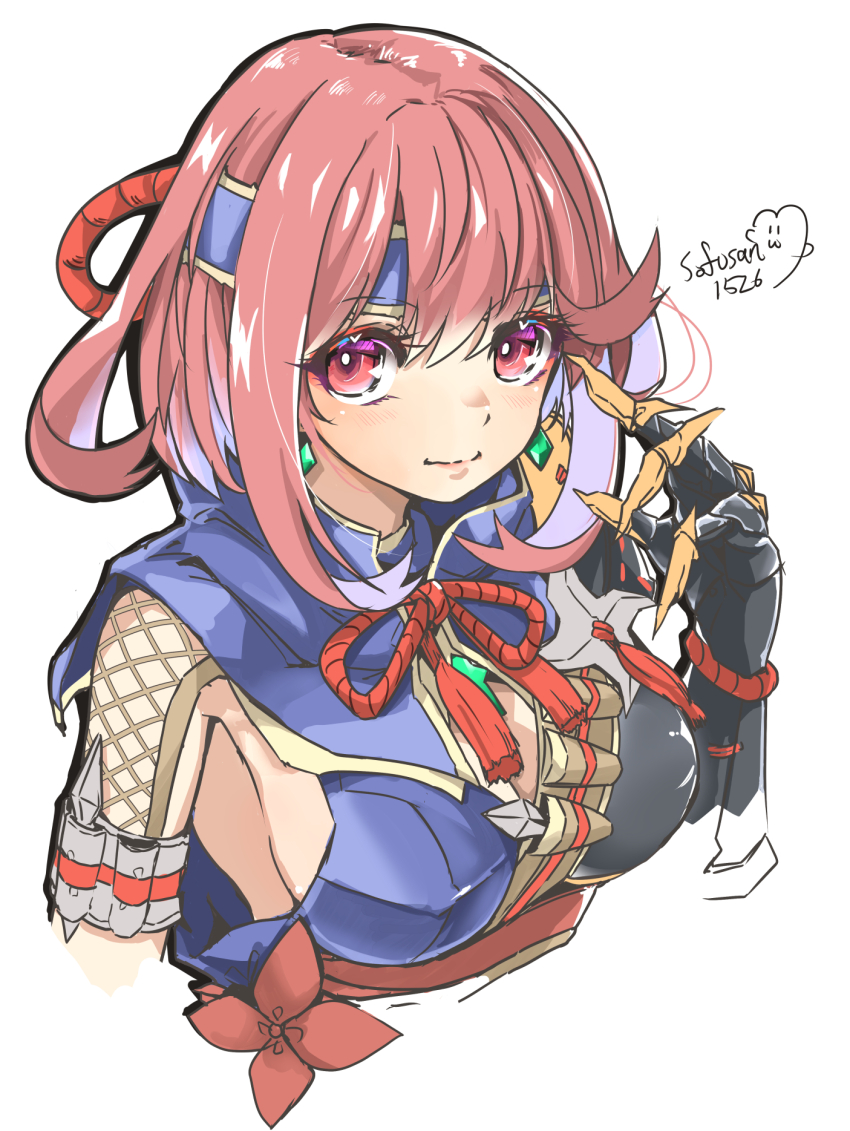 alternate_costume highres kamura_(armor) monster_hunter_(series) monster_hunter_rise pyra_(xenoblade) red_eyes red_hair short_hair simple_background sofusan1526 white_background xenoblade_chronicles_(series) xenoblade_chronicles_2