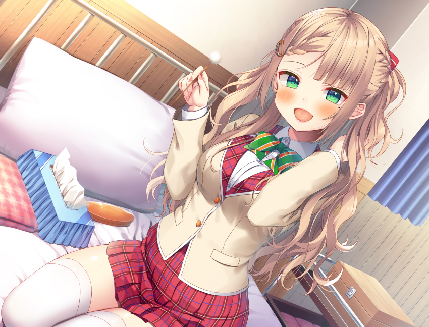 1girl :d absurdres asa_no_ha_(awayuki) blunt_bangs blush brown_hair brown_jacket curtains green_eyes highres himesaki_yuria indoors jacket long_hair long_sleeves looking_at_viewer mimikaki mole mole_under_eye non-web_source open_mouth pillow plaid_clothes plaid_skirt pleated_skirt red_skirt sakuragi_gakuen_iyashi-bu school_uniform shirt sidelocks skirt smile solo thighhighs tissue_box wavy_hair white_shirt white_thighhighs