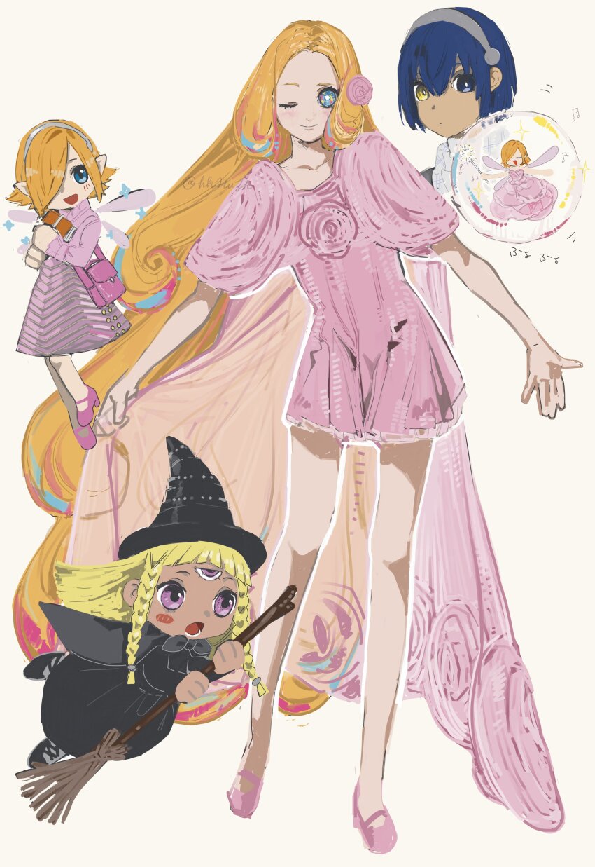 3girls absurdres alternate_costume black_cape black_dress black_hat blue_eyes blue_hair blush broom broom_riding cape chibi closed_eyes commentary_request dark-skinned_female dark-skinned_male dark_skin dress eupha_(metaphor:_refantazio) fairy fairy_wings gallica_(metaphor:_refantazio) grey_hairband hair_over_one_eye hairband hat heterochromia hhhuzh highres junah_(metaphor:_refantazio) long_hair looking_at_viewer metaphor:_refantazio mini_person minigirl multiple_girls one_eye_closed one_eye_covered orange_hair pink_dress pink_shoes pointy_ears protagonist_(metaphor:_refantazio) purple_eyes shoes short_hair simple_background size_difference third_eye twitter_username very_long_hair white_background wings witch witch_hat yellow_eyes