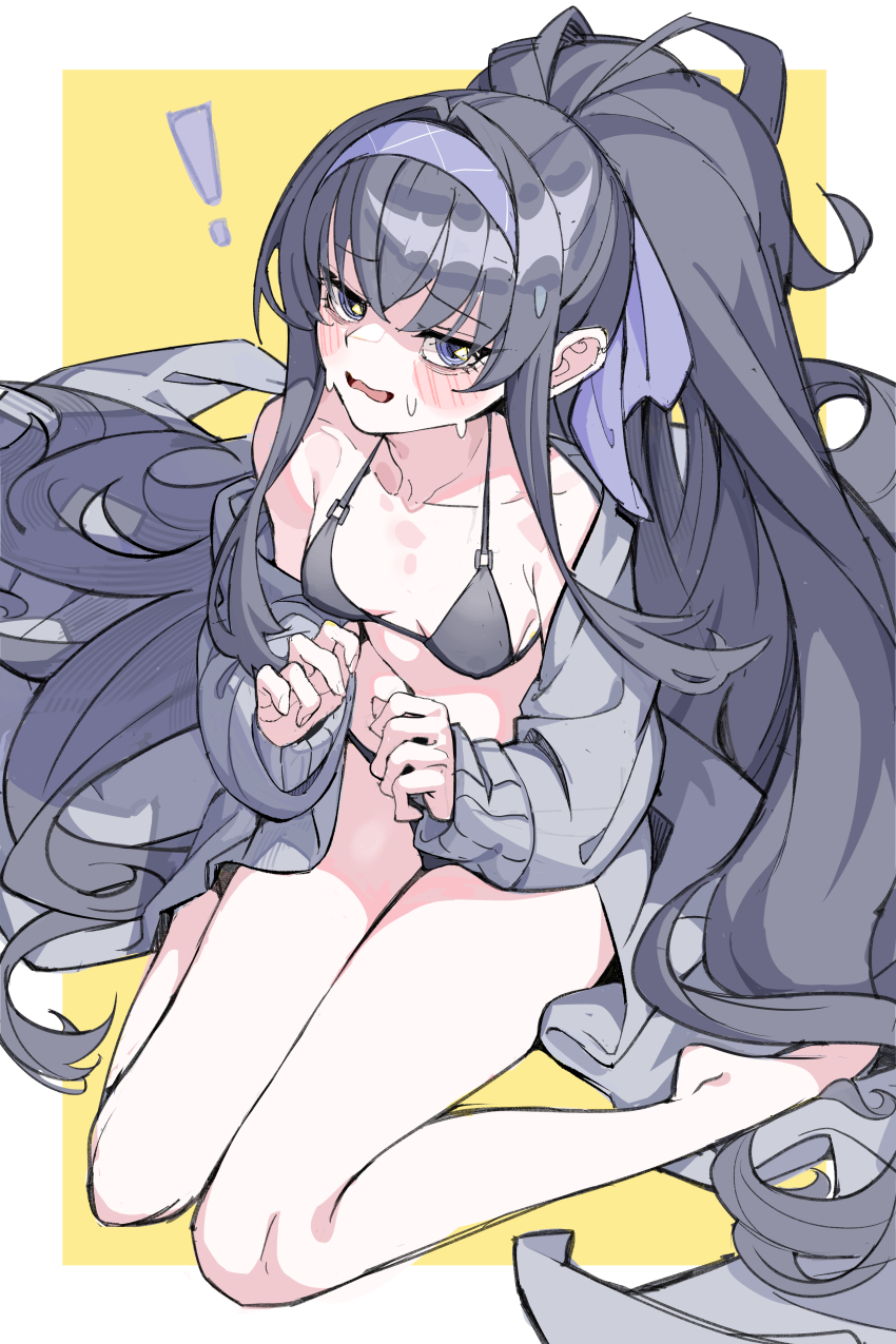 ! 1girl absurdly_long_hair absurdres bare_shoulders barefoot bikini black_bikini black_hair blue_archive blue_eyes blue_hairband blue_ribbon blush border breasts cardigan commentary_request covered_erect_nipples grey_cardigan hair_intakes hair_ribbon hair_spread_out hairband highres lanzen_wu long_hair looking_at_viewer no_halo official_alternate_costume official_art open_cardigan open_clothes open_mouth outside_border ponytail ribbon sitting small_breasts solo string_bikini sweatdrop swimsuit ui_(blue_archive) ui_(swimsuit)_(blue_archive) very_long_hair wariza wavy_mouth white_border