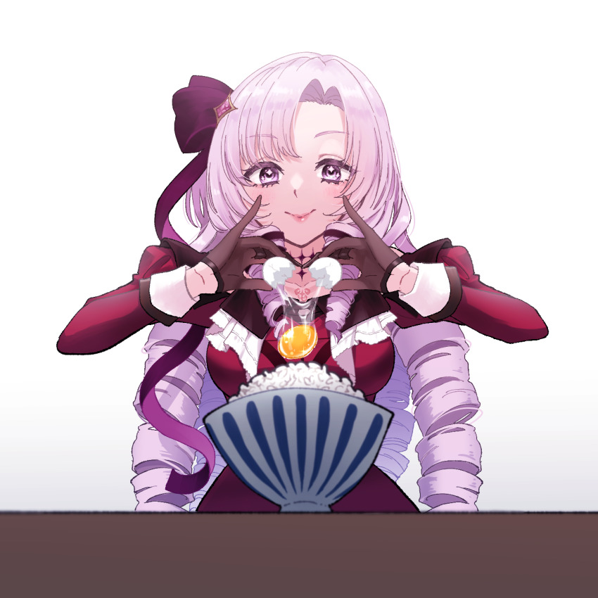 1girl bowl collarbone dress drill_hair egg_(food) food formal_clothes gloves hair_ornament hair_ribbon highres hyakumantenbara_salome hyakumantenbara_salome_(1st_costume) light_purple_hair lips long_hair mogggggge nijisanji parted_bangs purple_eyes ribbon rice rice_bowl simple_background smile solo tamagokake_gohan virtual_youtuber white_background