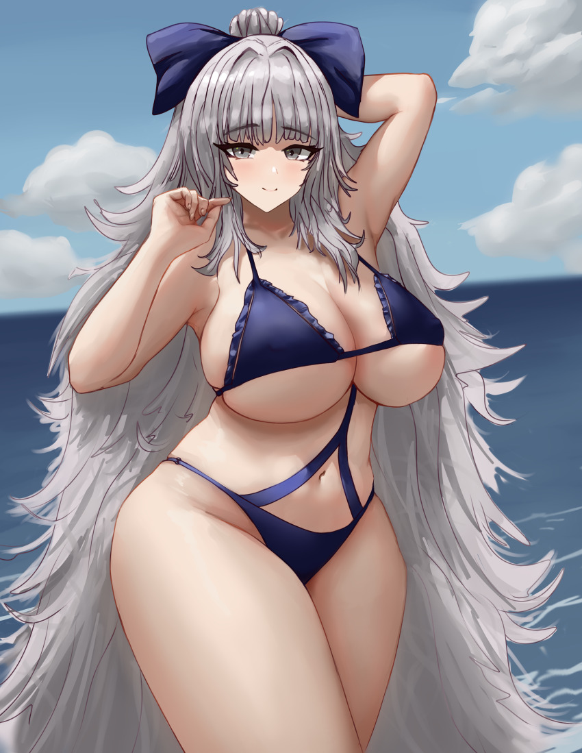 1girl absurdres azur_lane bikini breasts cloud cloudy_sky curvy grey_eyes grey_hair highres huge_breasts linked_bikini long_hair official_alternate_costume purple_bikini sky solo starving_for_more swimsuit thick_thighs thighs very_long_hair vittorio_veneto_(azur_lane) vittorio_veneto_(the_flower_of_la_spezia)_(azur_lane) water wide_hips