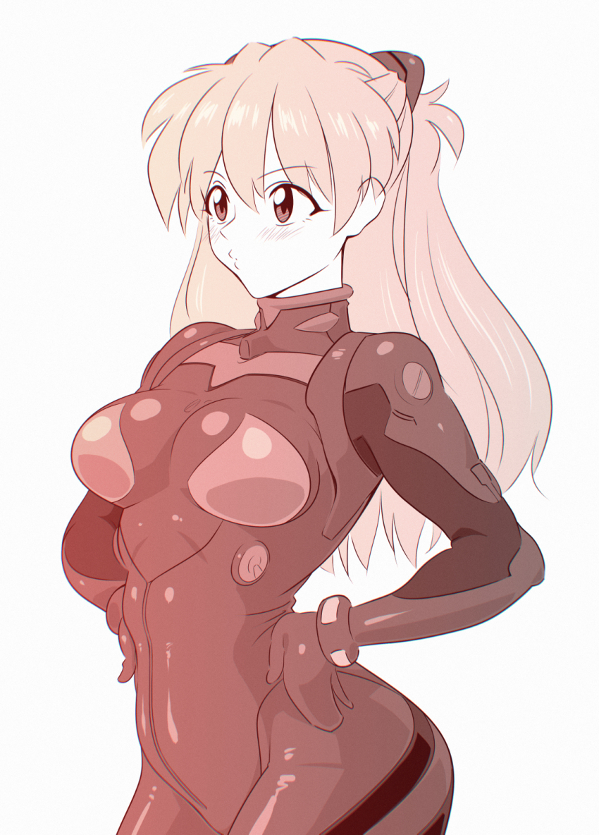 1girl bodysuit breasts curvy hands_on_own_hips highres long_hair looking_ahead mecha_pilot_suit medium_breasts neon_genesis_evangelion pixiv1478062 plugsuit_(evangelion) puckered_lips shiny_clothes skin_tight solo souryuu_asuka_langley wide_hips