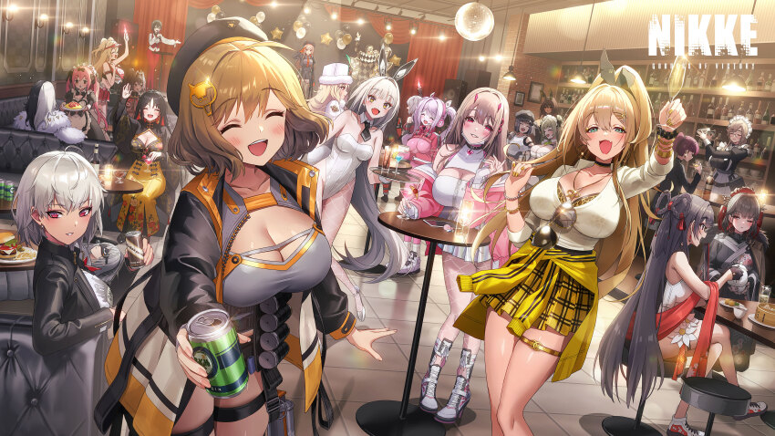 6+girls absurdres ade_(nikke) animal_ears anis_(nikke) apron bar_(place) bay_(nikke) beret black_dress black_hair black_jacket blanc_(nikke) blonde_hair blush breasts brown_eyes brown_hair can clay_(nikke) cleavage closed_eyes closed_mouth clothes_around_waist cocoa_(nikke) couch dolla_(nikke) drake_(nikke) dress drink_can fang goddess_of_victory:_nikke hat highres holding holding_can jacket jacket_around_waist large_breasts long_hair looking_at_another looking_at_viewer ludmilla_(nikke) maid maid_apron maid_headdress milk_(nikke) moran_(nikke) multicolored_hair multiple_girls mustang_(nikke) noir_(nikke) official_art on_couch open_mouth pink_eyes pink_hair ponytail purple_eyes purple_hair rabbit_ears rapi_(nikke) red_eyes rosanna_(nikke) rouge_(nikke) sakura_(nikke) sitting skin_fang skirt smile soda_(nikke) soda_can sonsoso split-color_hair standing sugar_(nikke) sunglasses tray viper_(nikke) white_hair yan_(nikke)