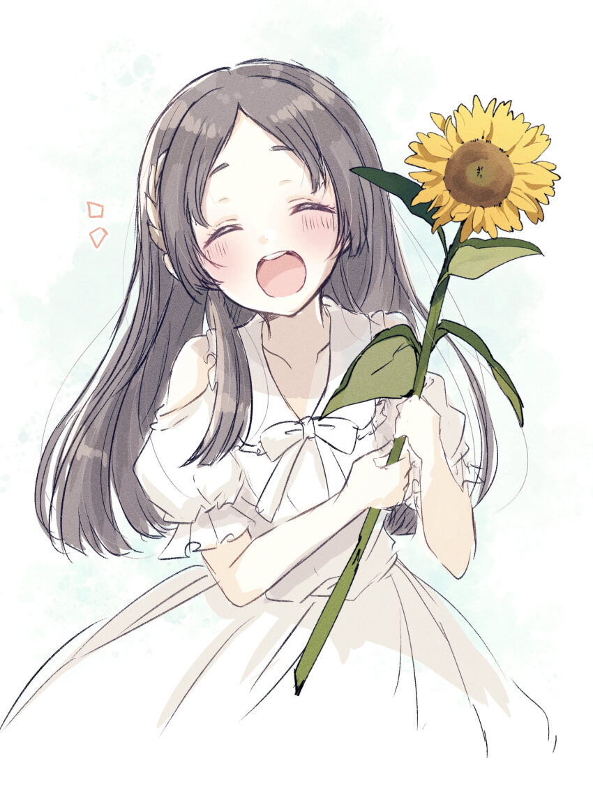 1girl :d baran._(ba_ra_ran) bare_shoulders blush brown_hair closed_eyes collarbone dress flower forehead frilled_dress frills gakuen_idolmaster hair_ornament highres holding holding_flower idolmaster kuramoto_china long_dress long_hair open_mouth short_sleeves simple_background smile solo sunflower white_dress