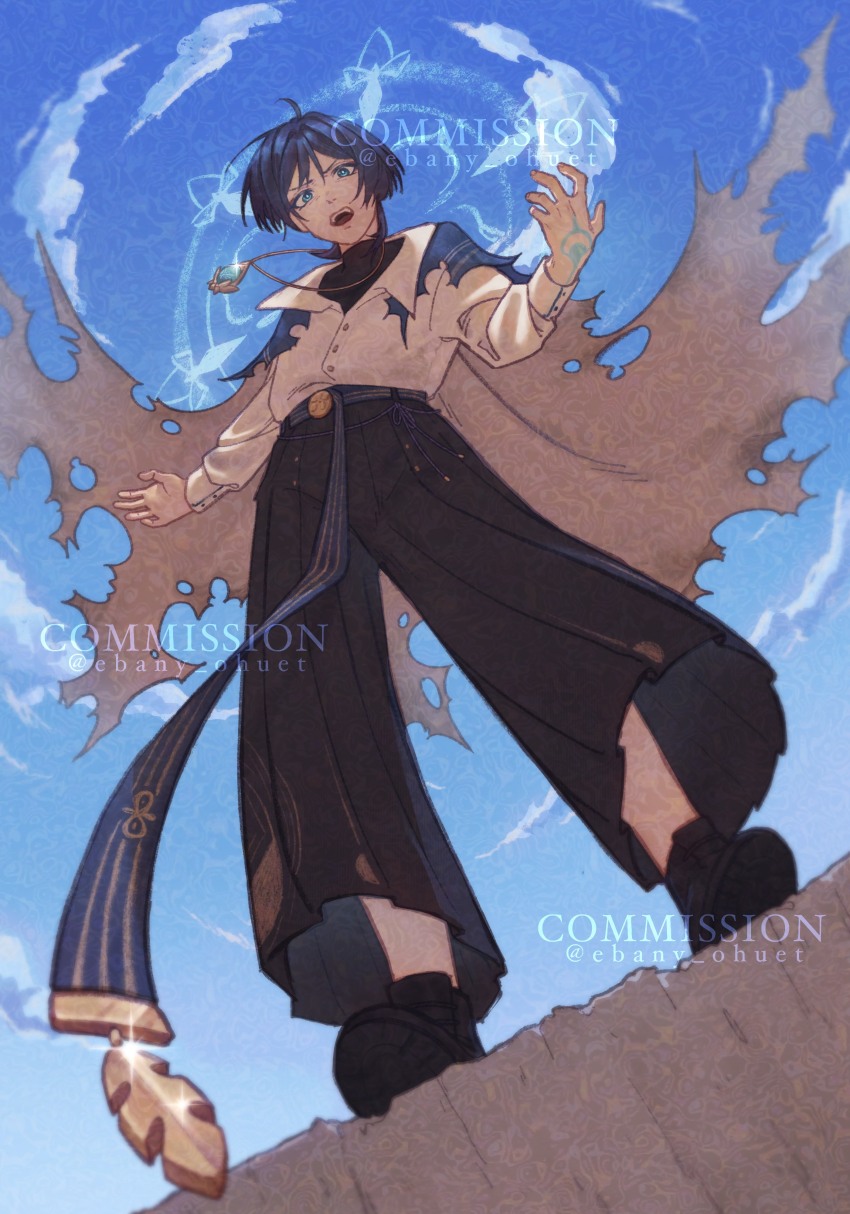 1boy absurdres ahoge alternate_costume belt black_pants black_shirt black_shoes black_undershirt blue_belt blue_cape blue_eyes blue_hair blue_halo blue_sky blunt_ends cape cloud cloudy_sky collared_shirt commission curled_fingers ebany_ohuet feathers from_below frown full_body furrowed_brow genshin_impact gold gold_trim hakama hakama_pants halo halo_behind_head highres japanese_clothes long_sleeves looking_at_viewer magic_circle male_focus official_alternate_costume open_hands open_mouth outdoors outstretched_arms pants pleated_pants scaramouche_(genshin_impact) second-party_source shirt shoes sky solo spread_arms teeth torn_cape torn_clothes turtleneck turtleneck_shirt two-sided_cape two-sided_fabric upper_teeth_only wanderer_(genshin_impact) wanderer_(wanderer_impression)_(genshin_impact) watermark white_cape white_shirt white_sleeves wing_collar yellow_feathers