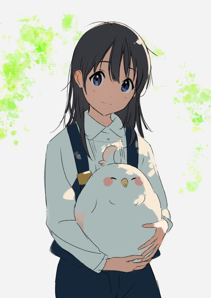 1girl animal bird black_hair blue_dress blue_eyes closed_mouth collared_shirt dera_mochimazzui dress highres holding holding_animal kakeami kitashirakawa_tamako long_hair long_sleeves looking_at_viewer school_uniform shirt sleeveless sleeveless_dress smile tamako_market white_shirt