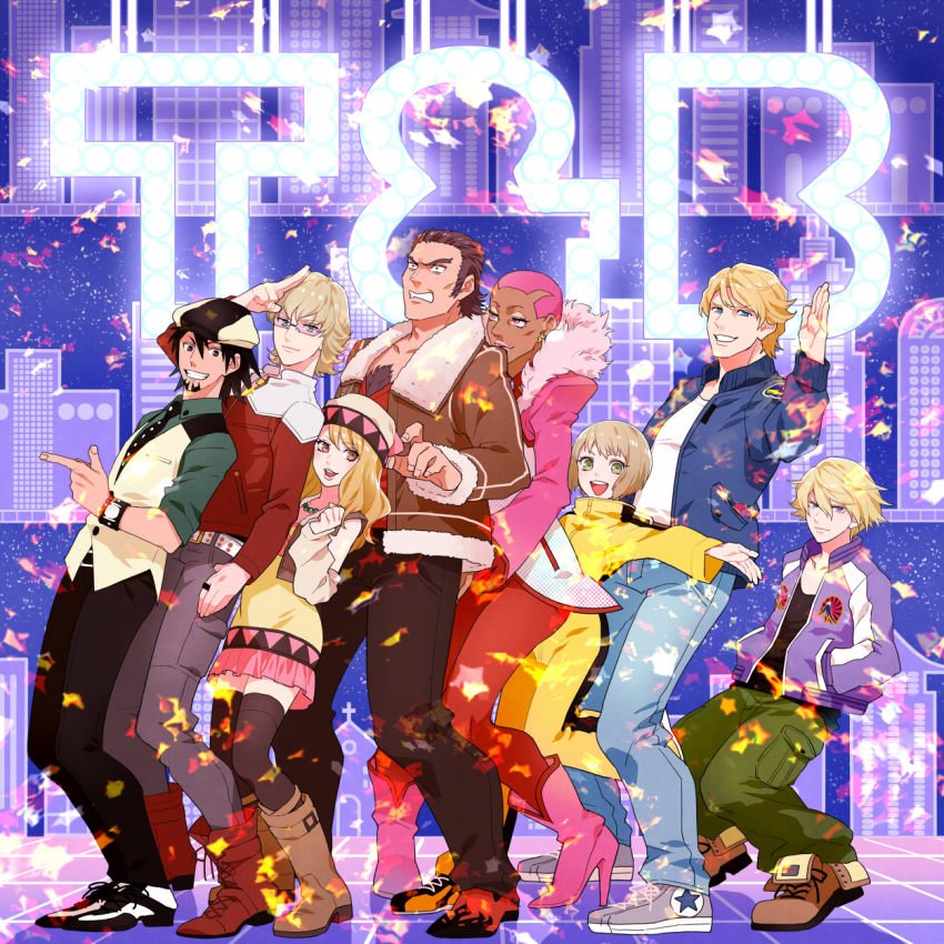 10s 2girls 6+boys antonio_lopez barnaby_brooks_jr. gum_(gmng) gumidemo_kandero highres huang_pao-lin ivan_karelin kaburagi_t._kotetsu karina_lyle keith_goodman multiple_boys multiple_girls nathan_seymour neon_lights tiger_&amp;_bunny