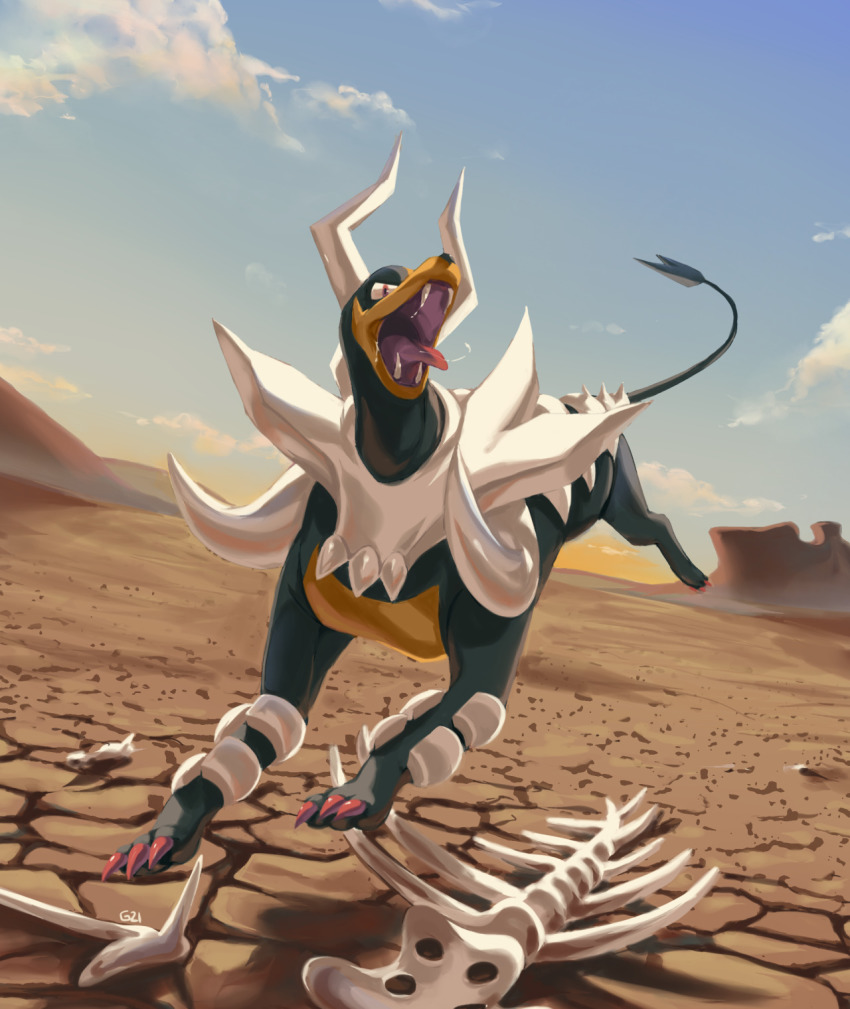 blue_sky cloud cloudy_sky commentary creature desert english_commentary fangs full_body gen_2_pokemon highres houndoom mega_houndoom mega_pokemon nintendo no_humans open_mouth outdoors pinkgermy pokemon pokemon_(creature) sand shadow sky solo tongue tongue_out