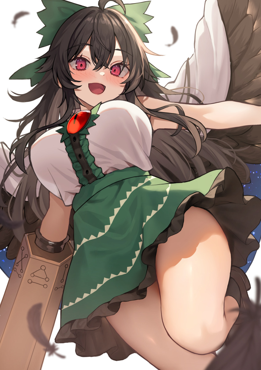 1girl ahoge arm_cannon bird_wings black_wings blurry blush bow breasts brown_hair brown_wings commentary_request depth_of_field falling_feathers feathers from_below green_bow green_skirt hair_between_eyes highres large_breasts long_hair looking_at_viewer miniskirt open_mouth reiuji_utsuho shirt shirt_tucked_in simple_background skirt smile solo thighs third_eye third_eye_on_chest touhou weapon white_background white_shirt wings wowoguni