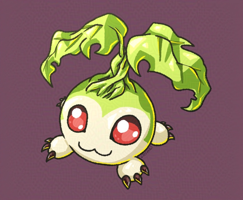 claws digimon digimon_(creature) full_body gaofangs highres leaf looking_at_viewer no_humans purple_background red_eyes simple_background smile solo tanemon