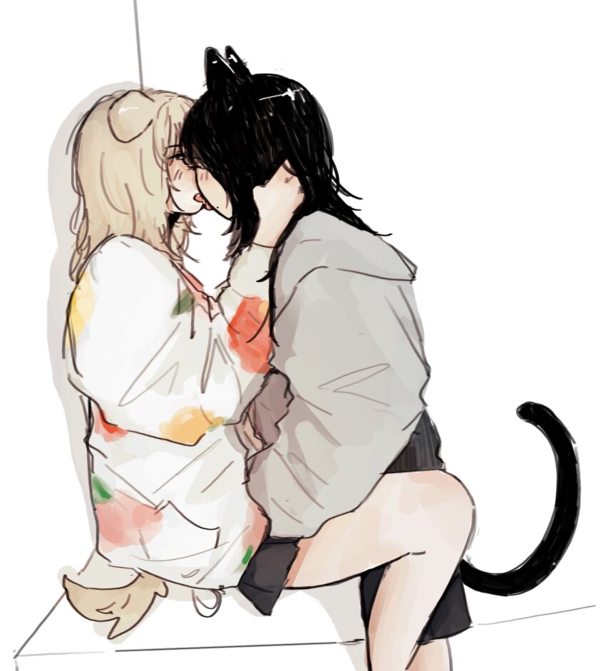 2girls aespa animal_ears between_legs black_hair black_skirt blonde_hair blush cat_ears cat_girl cat_tail commentary delusional965 dog_ears dog_girl dog_tail english_commentary french_kiss grey_hoodie hand_under_clothes hand_under_shirt highres hood hoodie k-pop karina_(aespa) kemonomimi_mode kiss long_hair long_sleeves multiple_girls real_life saliva shirt simple_background skirt sweater tail tongue tongue_out white_background white_sweater winter_(aespa) yuri
