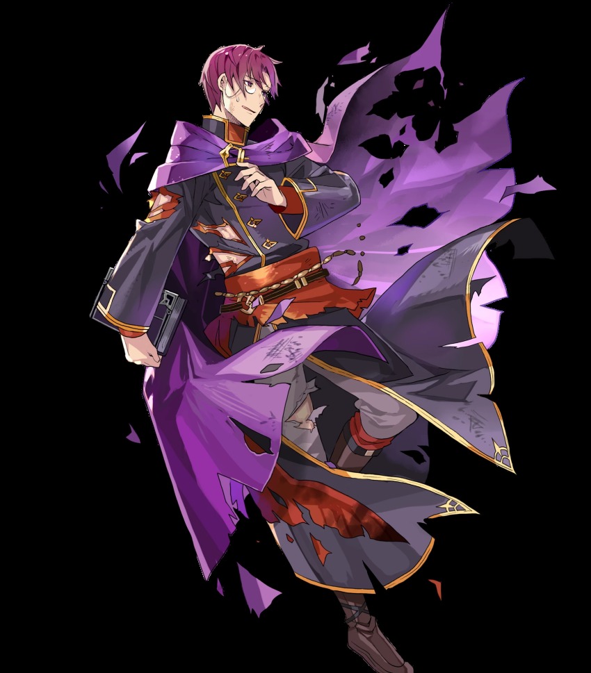 1boy belt book boots canas_(fire_emblem) cape fire_emblem fire_emblem:_the_blazing_blade fire_emblem_heroes full_body highres injury male_focus monocle nintendo official_art open_mouth purple_eyes purple_hair solo torn_clothes transparent_background