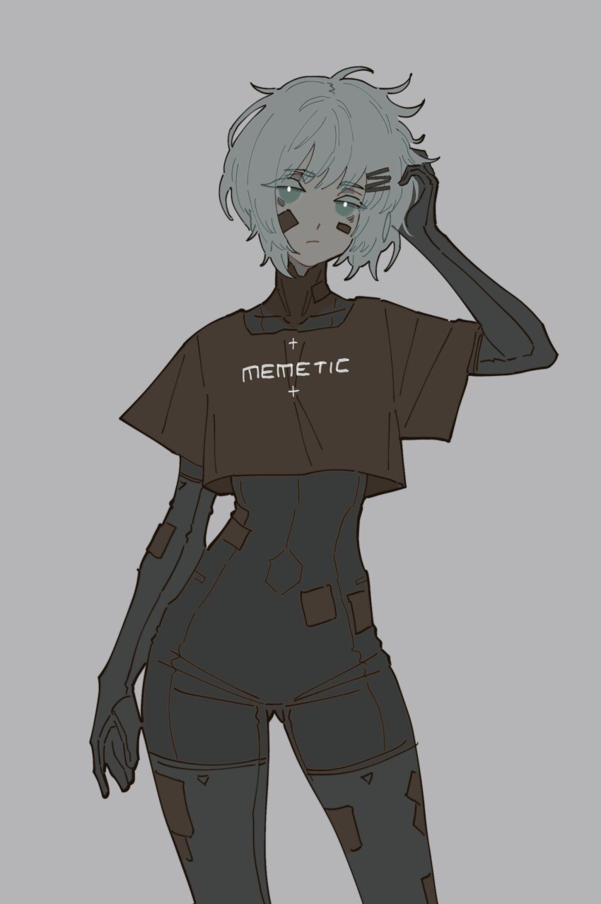 1girl absurdres aqua_eyes aqua_hair arm_up bags_under_eyes black_bodysuit bodysuit bright_pupils brown_shirt clothes_writing commentary crop_top cropped_shirt english_commentary english_text expressionless facepaint flat_color grey_background hand_in_own_hair head_tilt highres looking_at_viewer marie_(peripeteia) messy_hair peripeteia plus_sign shirt short_hair simple_background solo somersaultdropkick standing white_pupils