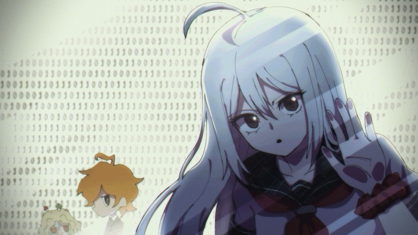 1girl 2boys absurdres ahoge atoymk binary black_eyes black_sailor_collar blonde_hair danganronpa_another fake_phone_screenshot fake_screenshot highres long_hair maeda_yuki multiple_boys mushroom mushroom_on_head neckerchief open_mouth orange_hair red_eyes red_neckerchief sailor_collar sailor_shirt sannoji_mikado school_uniform serafuku shirt short_hair sora_(super_danganronpa_another_2) super_danganronpa_another_2 white_hair white_shirt