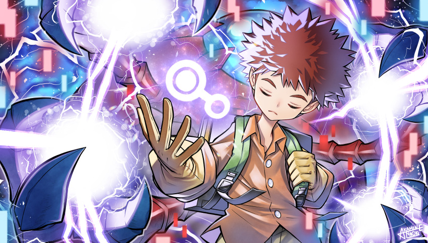 1boy absurdres akamine_naoki artist_logo artist_name atlurkabuterimon atlurkabuterimon_(red) backpack bag brown_hair closed_eyes commentary digimon digimon_adventure electricity english_commentary extra_arms facing_viewer gloves highres insect_wings izumi_koshiro logo male_focus mixed-language_commentary orange_shirt shirt short_hair spiked_hair wings yellow_gloves