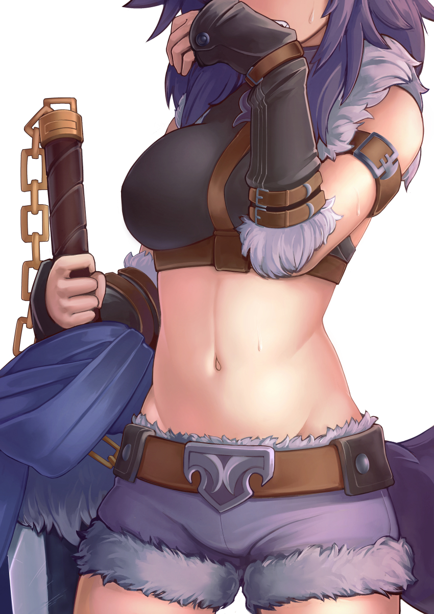 1girl absurdres armband belt breasts commentary crop_top english_commentary fur-trimmed_shorts fur_trim groin head_out_of_frame highres jacy large_breasts makoto_(princess_connect!) midriff navel princess_connect! purple_hair purple_shorts short_shorts shorts simple_background solo sweatdrop sword tail upper_body weapon white_background wolf_girl wolf_tail