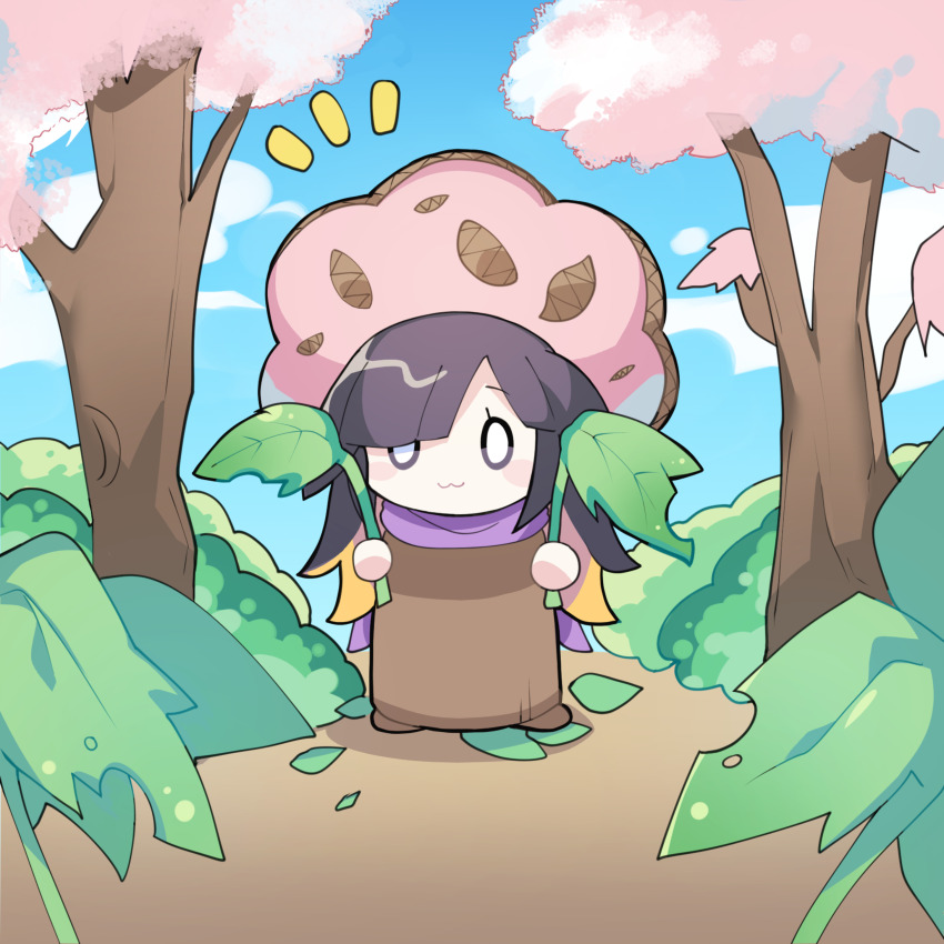 1girl :3 absurdres animal_ears blue_archive blue_sky cherry_blossoms cloud cloudy_sky highres looking_at_viewer ngawa ninja o_o outdoors purple_eyes purple_hair purple_scarf rabbit_ears rabbit_girl scarf sky solo standing tree tsukuyo_(blue_archive)