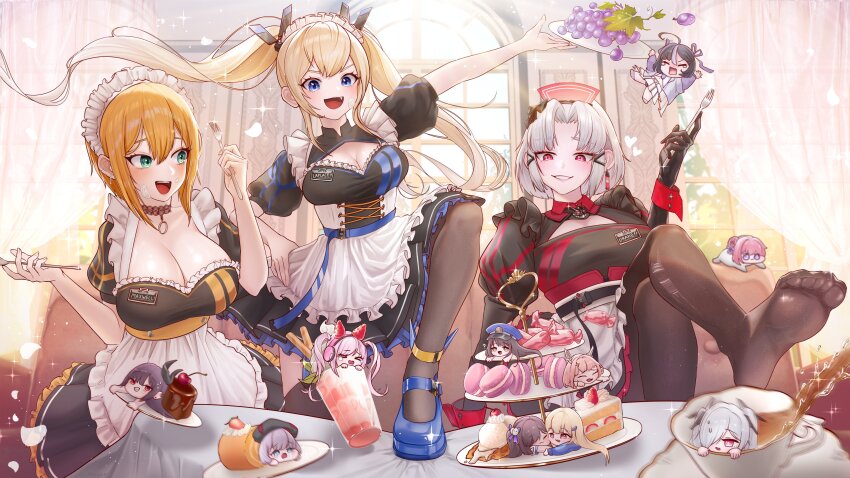 3girls :3 absurdres alice_(nikke) alternate_costume animal_ear_headphones animal_ears apron behemoth_(nikke) beret black_hair black_horns black_pantyhose blonde_hair blue_bow blue_bowtie blue_cardigan blue_eyes blush bow bowtie breasts brown_eyes brown_hair cake cake_slice candy cardigan chibi cinderella_(nikke) cleavage closed_eyes collared_shirt cream cream_on_face creature cup dark-skinned_female dark_skin dazzling_pearl_(nikke) diesel_(nikke) doro_(nikke) dorothy_(nikke) drake_(maid_for_villain)_(nikke) drake_(nikke) dress ear_piercing enmaided fake_animal_ears fang feet flower-shaped_hair food food_on_face frills fruit gloves goddess_of_victory:_nikke grapes grey_hair gyaru hair_bow hair_bun hair_ornament hair_over_one_eye hat headphones headset highres holding holding_food horns ice_cream jacket jewelry kimright0 kogal laplace_(nikke) large_breasts legs long_hair long_sleeves looking_at_viewer macaron maid maid_apron maid_headdress matis_(nikke) maxwell_(nikke) military_hat milkshake multicolored_hair multiple_girls multiple_rings naga_(nikke) necktie no_shoes open_mouth pantyhose piercing pink_hair puffy_sleeves purple_eyes purple_hair purple_jacket purple_necktie purple_ribbon red_eyes ribbon ring shirt short_hair smile standing strawberry strawberry_shortcake streaked_hair swiss_roll syuen_(nikke) teacup teeth tia_(nikke) toes twintails very_long_hair vesti_(nikke) waffle white_hair white_shirt