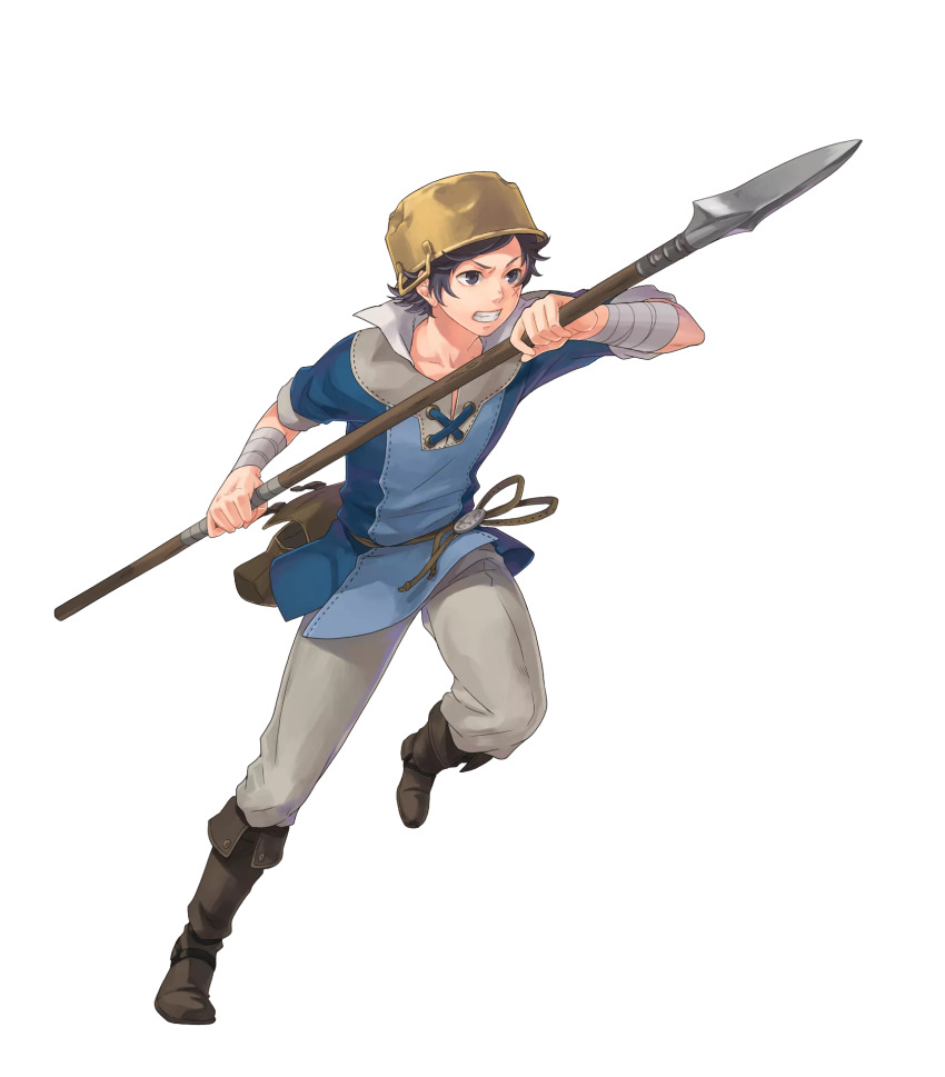 1boy bandaged_wrist bandages black_eyes black_hair blue_shirt boots brown_footwear cross-laced_clothes cross-laced_top cross_scar donnel_(fire_emblem) fire_emblem fire_emblem_awakening fire_emblem_heroes highres holding holding_polearm holding_weapon leather leather_boots nintendo official_art okaya_mrh pants polearm pot_on_head scar scar_on_face shirt sleeves_rolled_up third-party_source transparent_background weapon