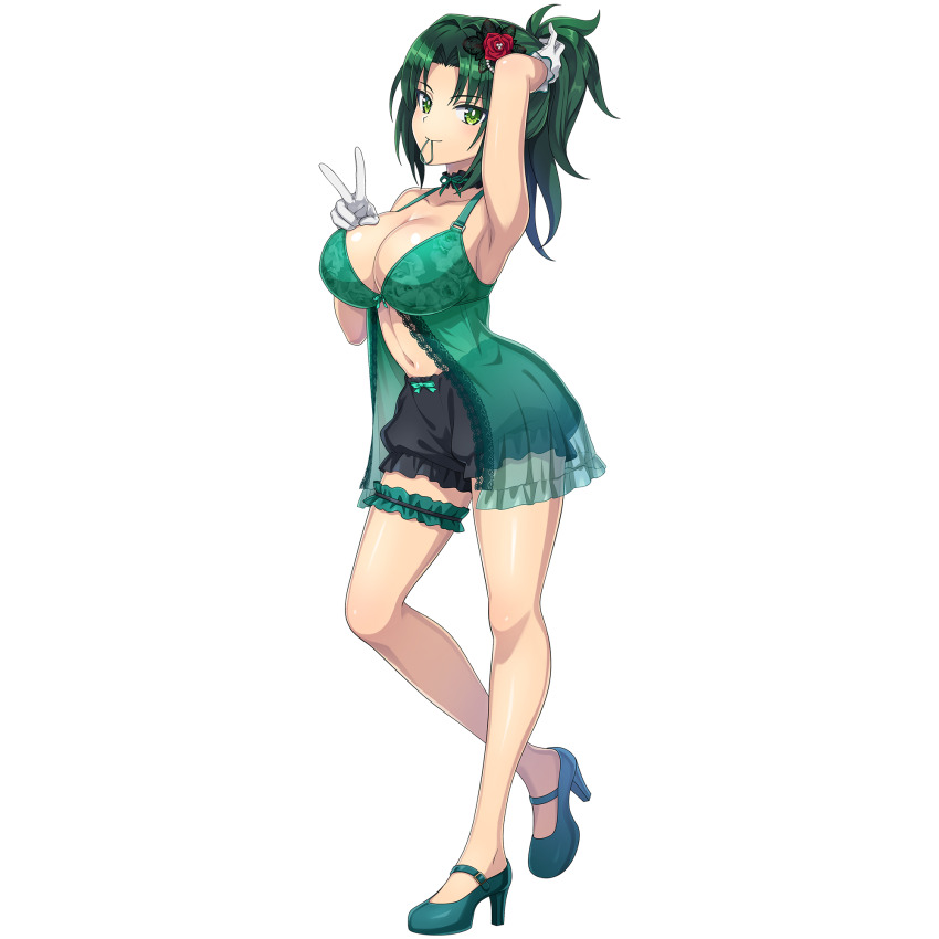 babydoll black_shorts breasts cleavage dolphin_wave don_quijote_(store) flower game_cg gloves green_eyes green_shirt hair_flower hair_ornament hair_tie_in_mouth harunami_anri high_heels highres knee_up large_breasts mouth_hold navel non-web_source official_art ootomo_takuji red_flower shirt shorts side_ponytail sleepwear smile transparent_background v white_gloves