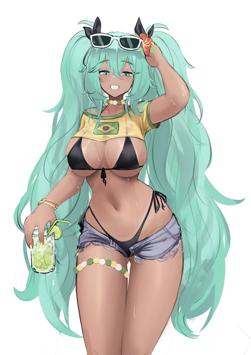 1girl absurdres alternate_costume bead_choker beads bikini black_bikini borrowed_design bracelet brazil brazilian_flag brazilian_flag_print brazilian_miku brunobrun9bruno can exposed_pocket flag_print hatsune_miku highres holding holding_can jewelry multiple_bracelets navel shorts_tan solo swimsuit tan tanline tanline_peek vocaloid white-framed_eyewear